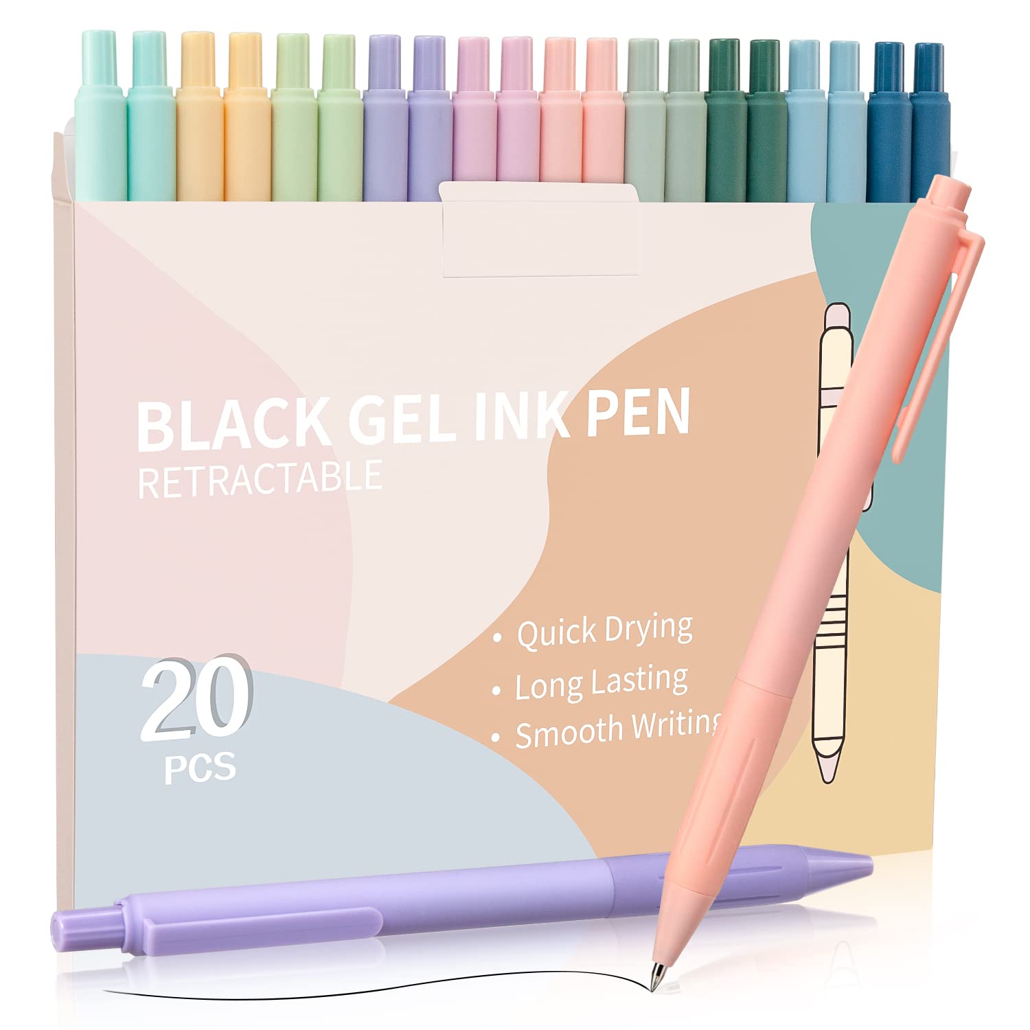 Gel Ink Rollerball Pens, 20 Pack 0.5mm Black Retractable Pastel Ballpoint Pen for Adult Handwriting Note Taking Office Supplies