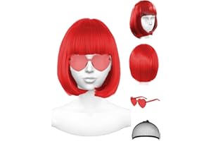 NSODREEM Red Wig and Party Sunglasses, Wig for Women, Short Bob Wigs with Bangs, Bright Red Wig with Neon Glasses Red Wig for Women (Red)