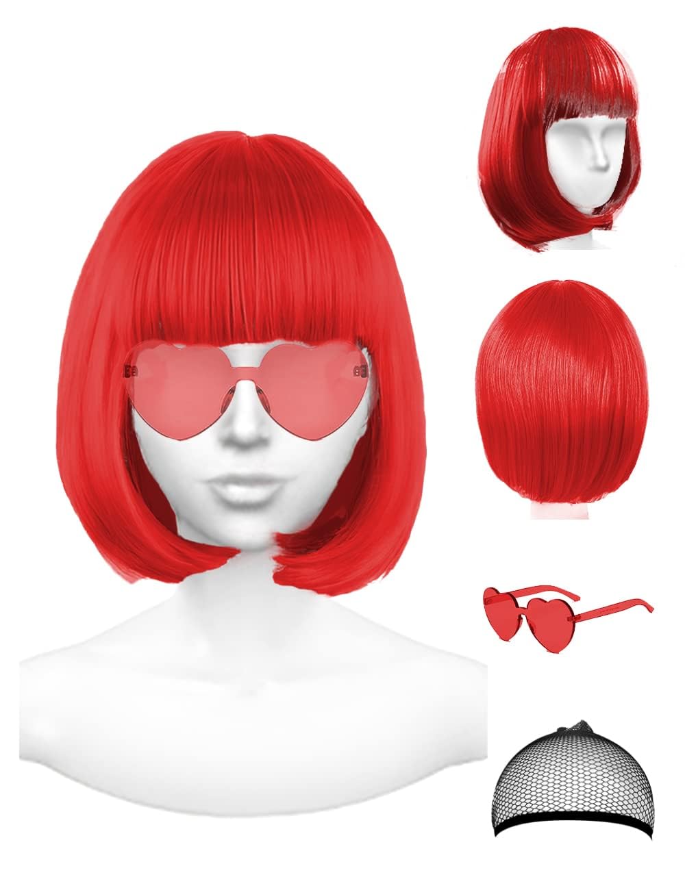 Photo 1 of NSODREEM Red Wig and Party Sunglasses, Wig for Women, Short Bob Wigs with Bangs, Bright Red Wig with Neon Glasses Red Wig for Women (Red)