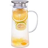 Wlasss Glass Pitcher with Lid, 40 oz/1.2 Liter Glass Water Pitcher, Ice Tea Brewing, Hand Blown Small Pitchers for Drinks, Coffee, Juice, Lemonade, and Hot/Cold Beverages, Heat Resistant