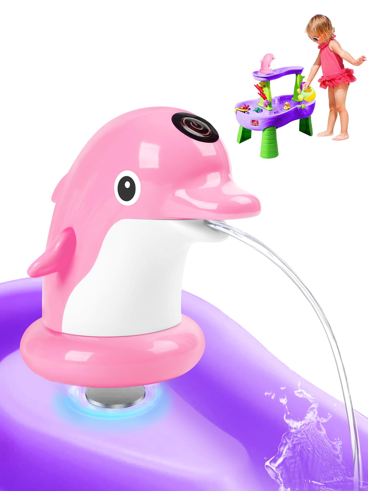 Photo 1 of Dolphin Water Table Pump with Magnetic Base No Drill 3H Runtime Continuous Flow Rechargeable for Step 2 for Kids Outdoor Water Play Toys Stable Water Fun Accessories Pink