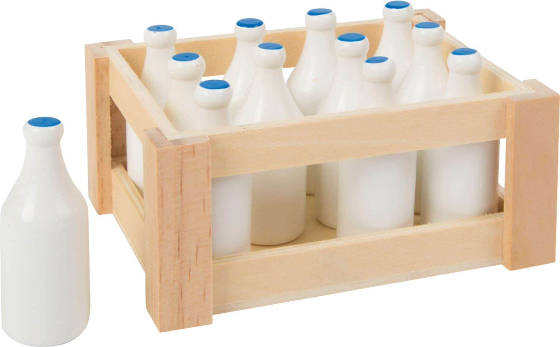small foot 7062 wooden mini milk bottles, in a nostalgic wooden box, set of 12, from 3 years old