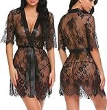 ADOME Women's Lingerie Kimono Robe Eyelash Lace Babydoll Sheer Nightwear