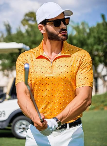 JMIERR PREMIUM GOLF SHIRTS FOR MEN MOISTURE WICKING QUICK DRY PRINT PERFORMANCE ZIPPER COLLARED POLO SHIRT, S, YELLOW