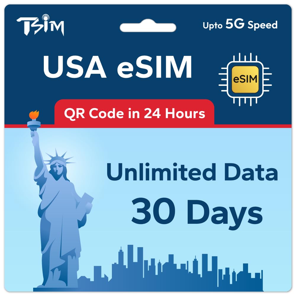 TSIM USA eSIM 30 Day | Unlimited Data | High Coverage Multi-Operator 5G Network | Auto-Activating | Refillable Plan | Hotspot Allowed | eSIM QR Code Sent by Email within 24Hrs of Shipping | Data Only