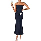 ZESICA Women's 2026 Summer Strapless Bodycon Maxi Dress Tube Elegant Beach Vacation Wedding Guest Cocktail Party Long Dresses, Navy, S