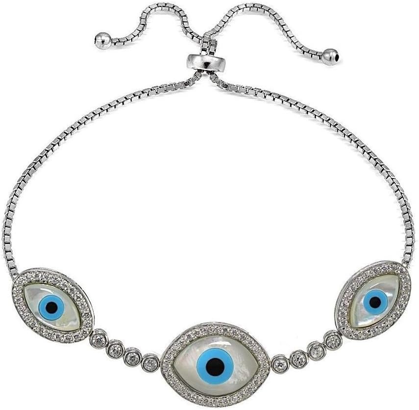 Sterling Silver Cubic Zirconia & Simulated Mother Of Pearl Evil Eye Adjustable Bracelet