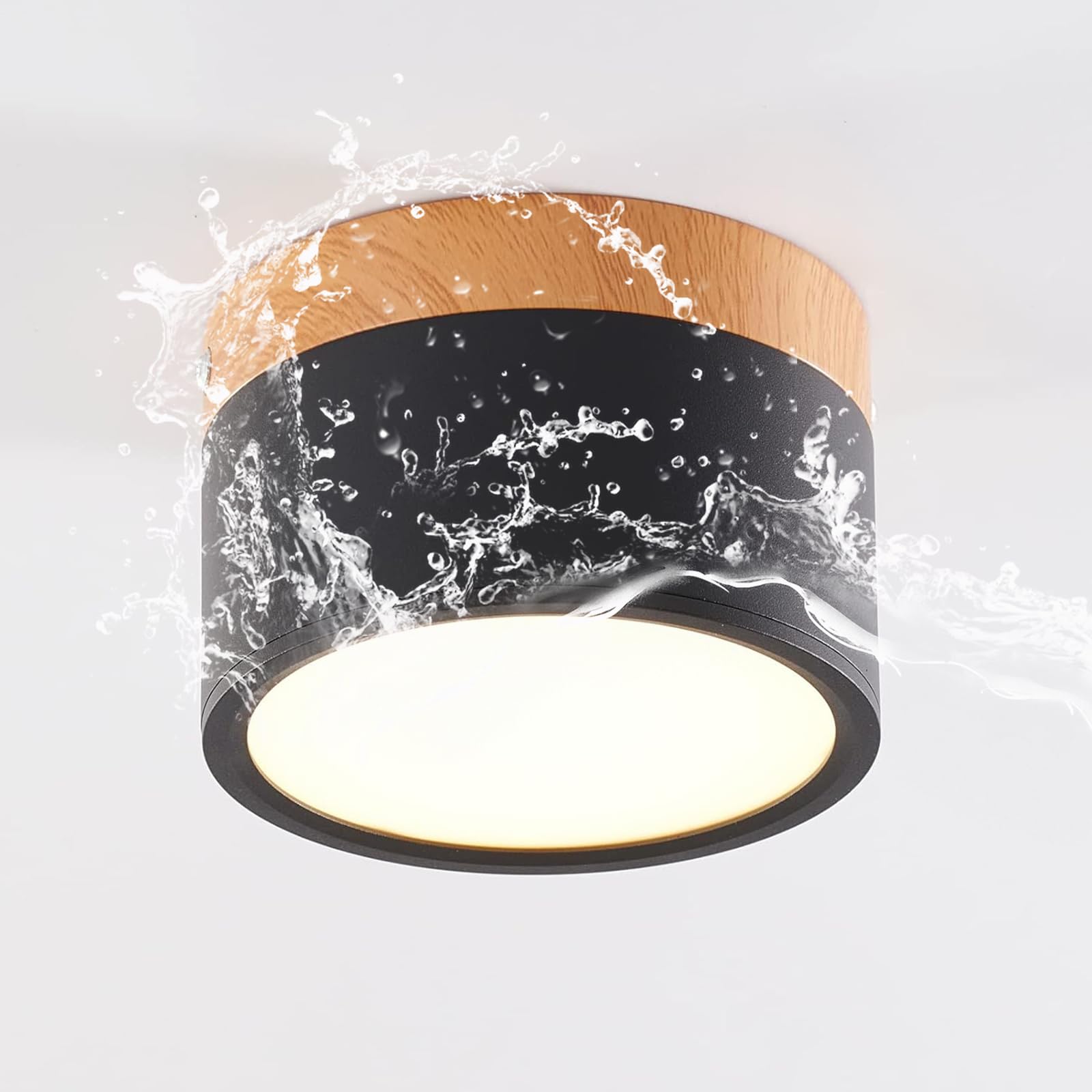 Schindora LED Ceiling Light,Surface-Mounted Wood Decor Spotlight,Mini Round Black Ceiling lamp,Cool White 6000K,12W.