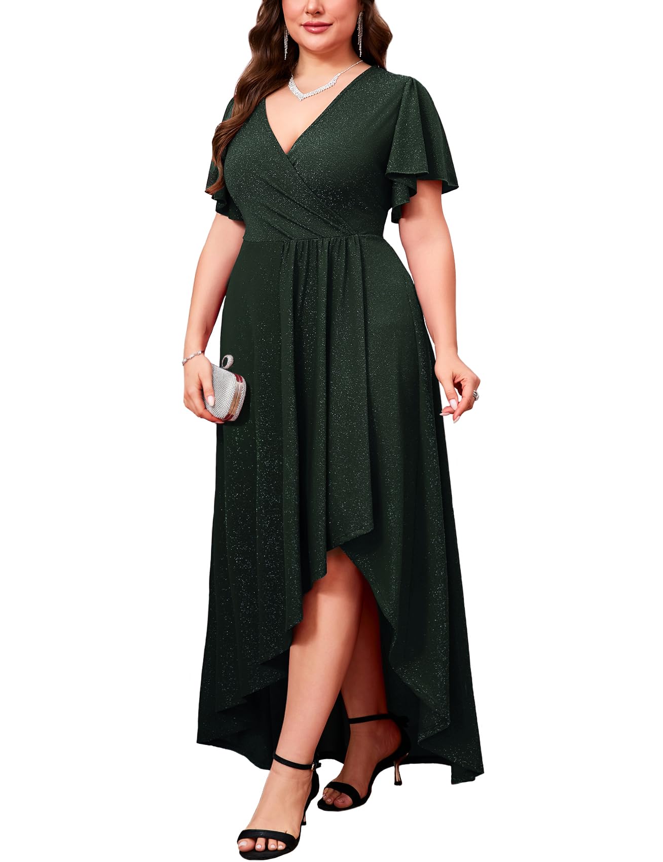 Photo 1 of ZOMVA Plus Size 1X-4X Sparkly Glitter Formal Maxi A Line Dress Sparkle Wrap Ruffle Sleeve Prom Dresses Cocktail Evening Gown, Green, 2X