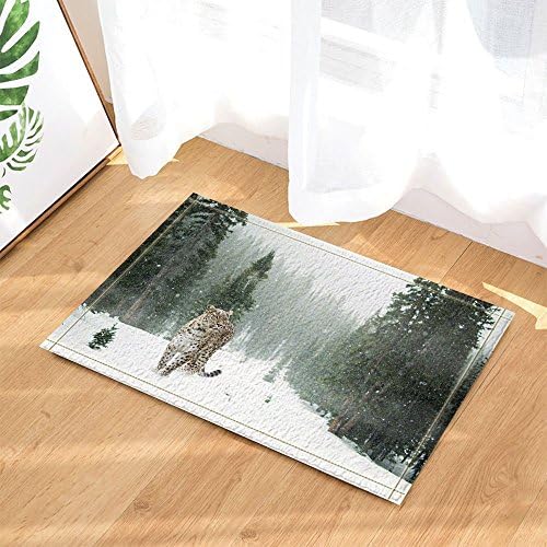 SZDR 15.7 23.6 Inches Bath Carpet Snow Day Animal Leopard Pine White Green And Brown Outdoor Door Mat Anti-Slip Mat.