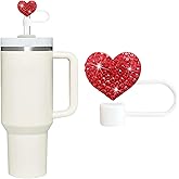 Bling Hearts Straw Covers Cap for Stanley Cup, Bling Diamond Rhinestone, 10mm Silicone Toppers, Straw Topper Compatible for Stanley 30&40 Oz Tumbler with Handle, Reusable Straws (Red)