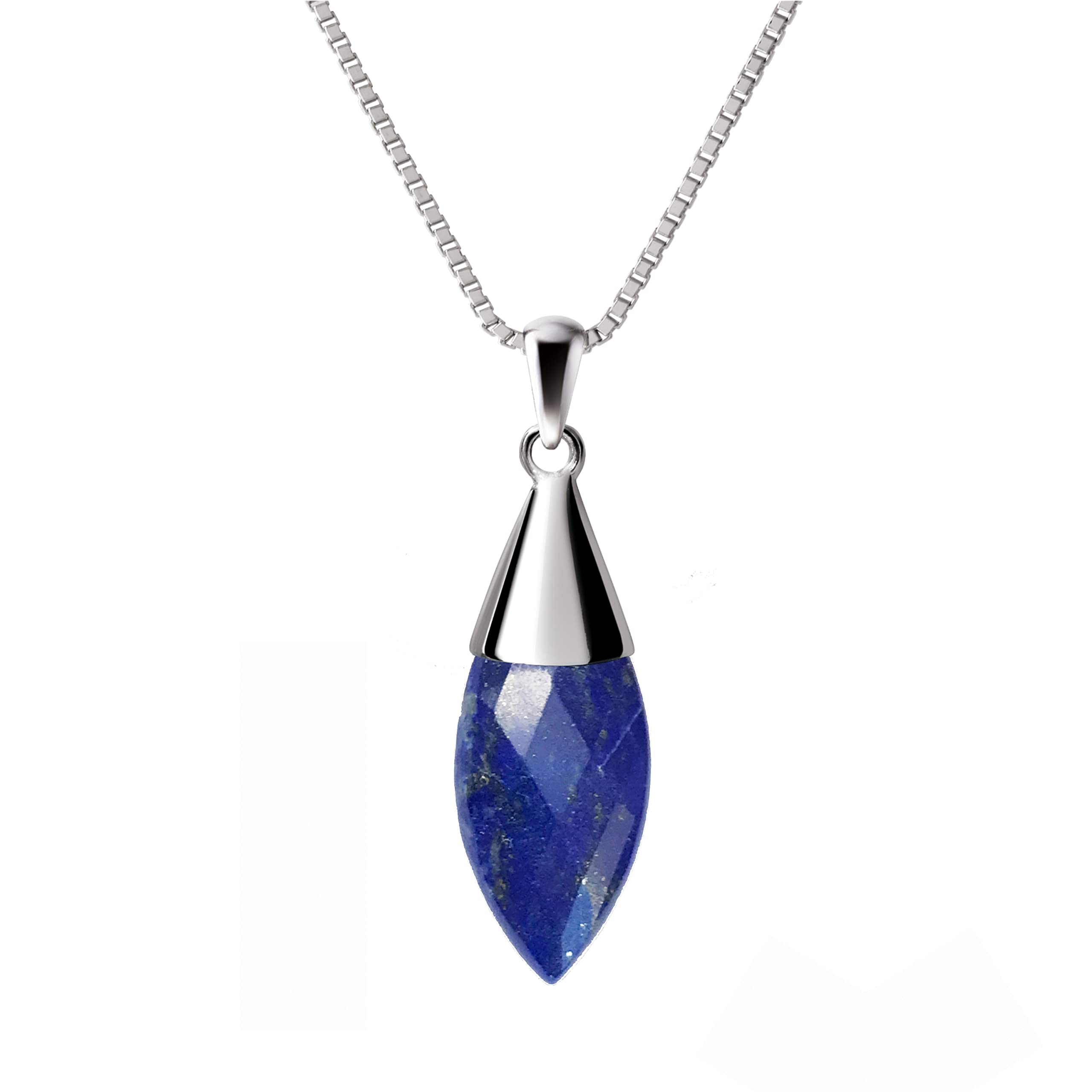 Franki Baker Natural Lapis Lazuli Gemstone Leaf Pendant Necklace on 925 Sterling Silver. Pendant: 3cm. Chain Length: 50cm.