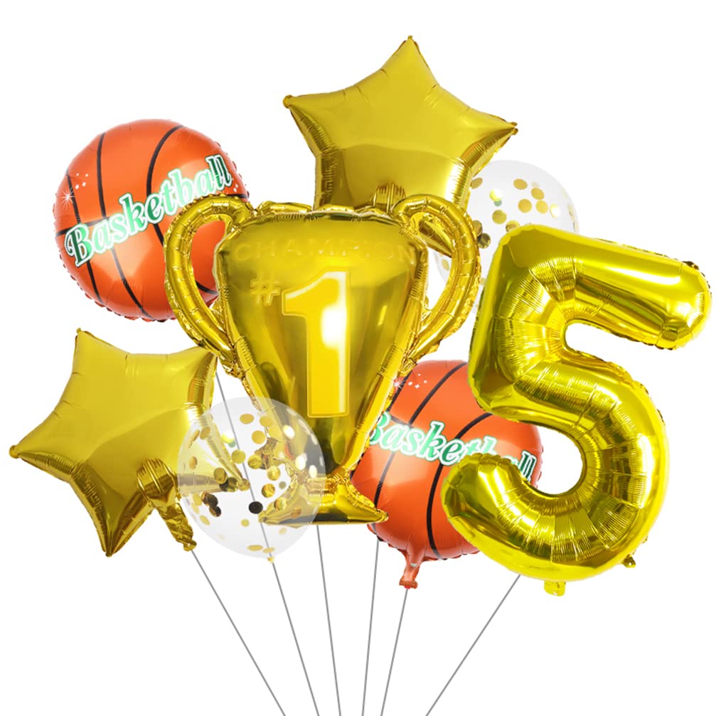Houhounb 32 Inch Golden Basketball Balloon Birthday Decorations Number 5 Balloon Basketball Pentagram Foil Balloon Champion Trophy for Children Basketball Theme Party 5th Birthday Decoration