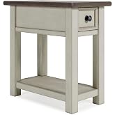 Signature Design by Ashley Bolanburg Narrow End Table, Charging Station | Slim 14-inch profile with USB charging, Wood, White oak veneers and engineered wood, Farmhouse style for small living rooms