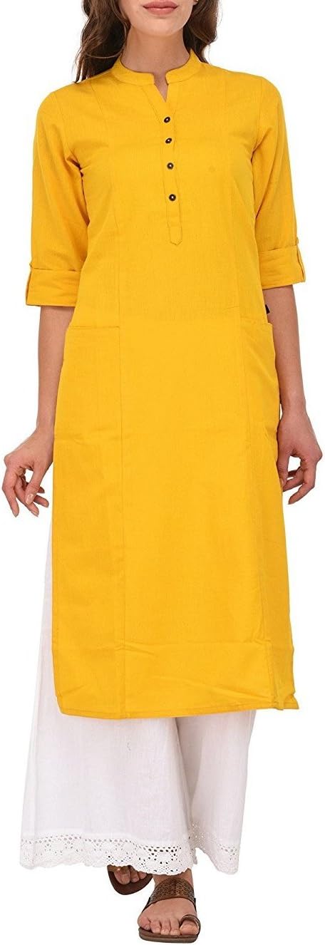ladylineWomen's Pure Cotton Plain Tunic Top with 3/4 Sleeves, Roll-up Button Neck, Pocket, Long Kurti Kurta