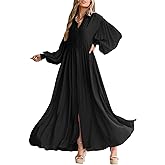 chouyatou Women's Casual Long Sleeve Button Down Shirt Dress Elegant Pleated Flowy Swing Maxi Dress