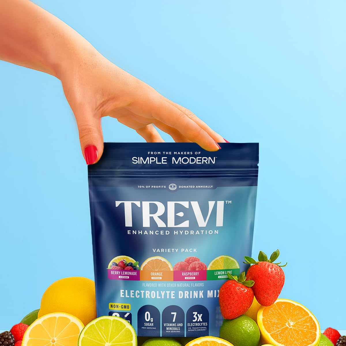 TREVI™ Sugar Free Electrolytes - Drink Mix Hydration Powder Packets - 28 Count - Original Variety Pack - Berry Lemoande, Lemon Lime, Raspberry, Orange