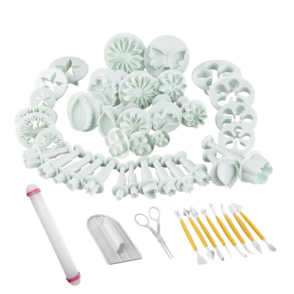 ilauke 47 Piece Fondant Cookie Cutters Snowflake Set, DIY Cookie Cutters Ejector Stamp Cake Decoration with Ejector Rose Flower Heart Butterfly Star Shapes for Cake Cookies — image 1