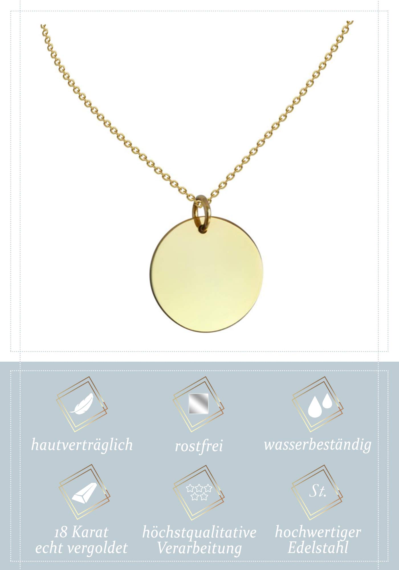 Premium Damen Kette mit Plättchen - JE T\'AIME mit 18k Gold vergoldet, Frauen Halskette mit rundem Anhänger, Plättchenkette, Goldkette, Ausgefallenes Geschenk| GRATIS Geschenk! (Gold (Weiße Box))