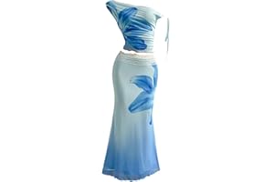 SOLY HUX Women's 2 Piece Outfit Floral Mesh Ruched One Shoulder Crop Tank Top and Bodycon Maxi Skirt Set