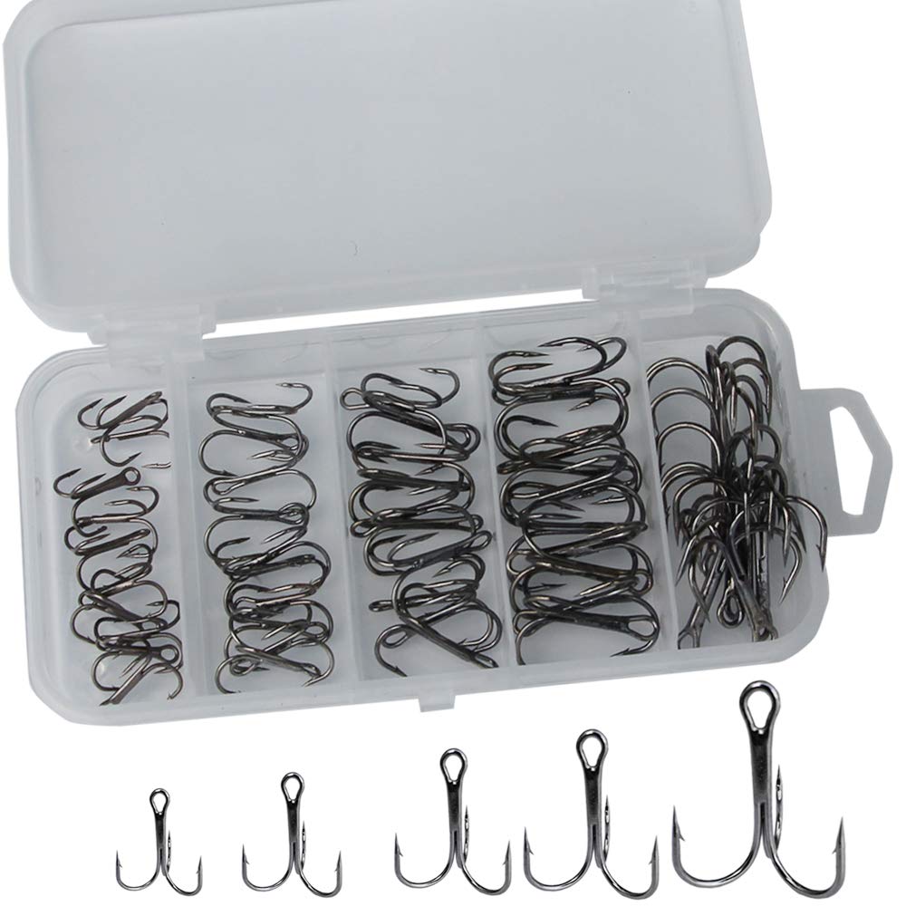 Drasry 50PCS Fishing Treble Hooks Set for Saltwater Freshwater Size 1/0 to 16 High Carbon Steel Different Fish Hook (#2 to #10, Black)