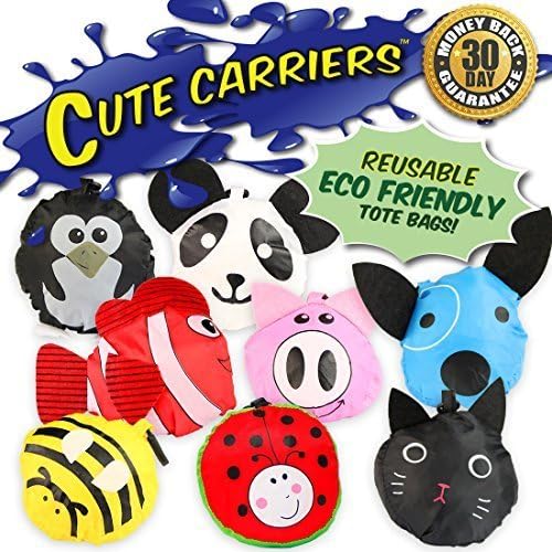 Cute Carriers Variety Pack: Eco-friendly, Reusable Shopping Tote Bags! Eight Fun Characters – 8 Pack