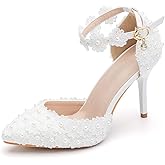 Dress First Women's High Heel Pumps Closed Toe Sandals with Floral Lace Pearls Strap Stiletto Bridal Wedding Party Shoes,3.74"