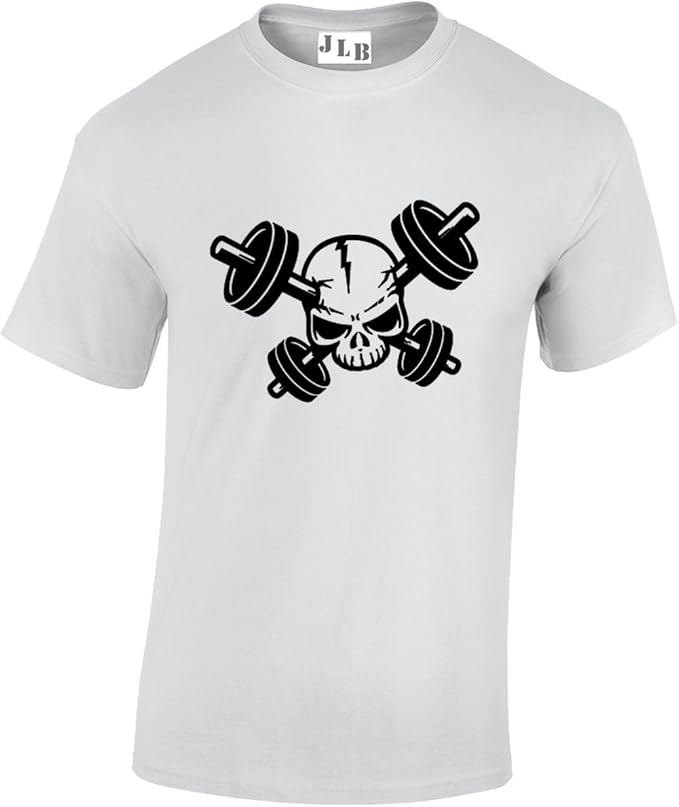JLB Print Crossed Barbell and Skull Fitness Sportfan T Shirt Top mit