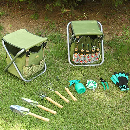 12 pcs Garden Tools Set, Gardening Hand Tools Set with Folding Chair