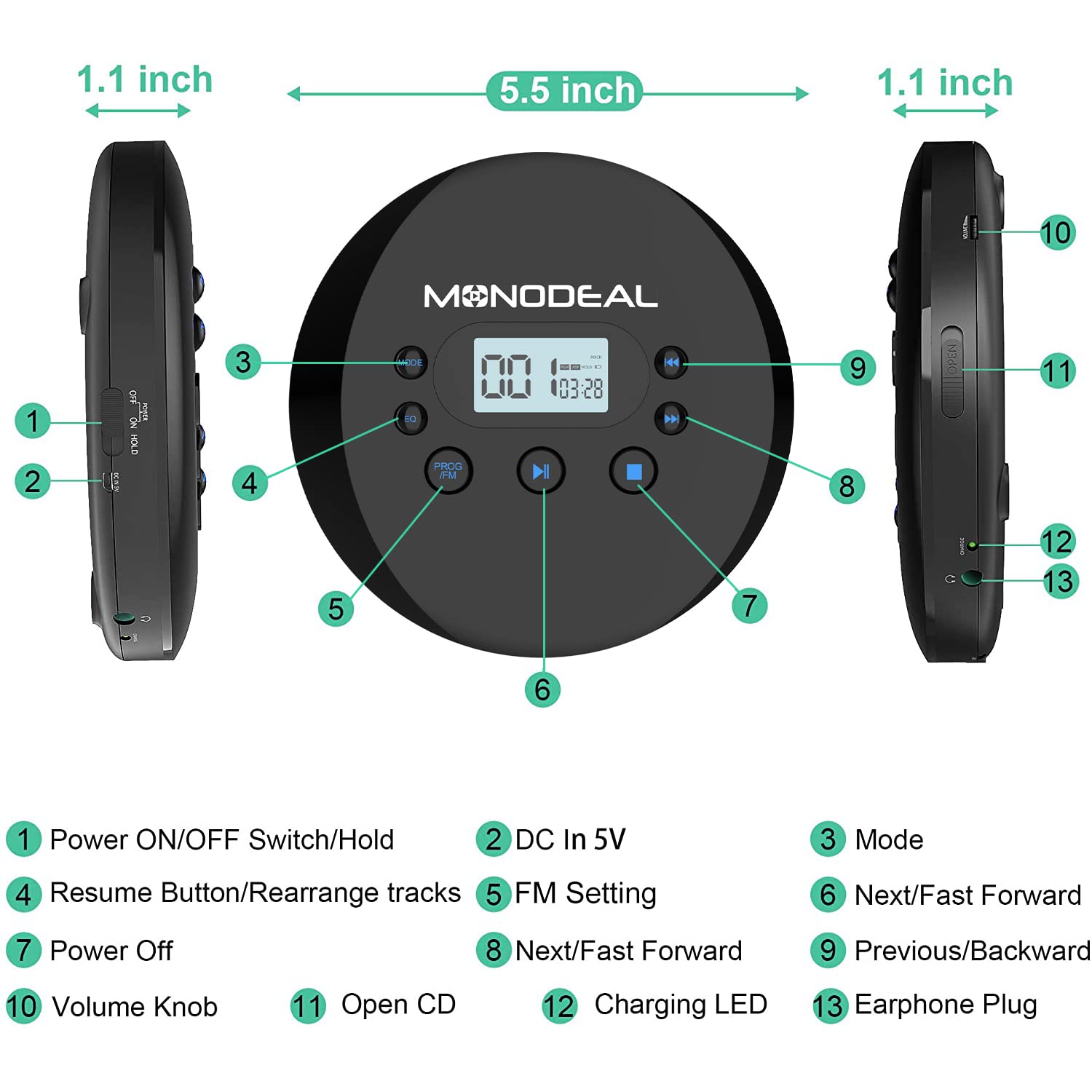 MONODEAL CD Player Portable, Portable CD Player with FM Transmitter, Rechargeable CD Player for Car for Home Travel with Anti-Skip Protection Compact CD Player with Headphones