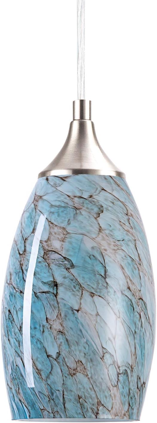 1-Light Pendant Light, Handcrafted Art Glass Hanging Light with Brushed Nickel Finished Adjustable Cord for Kitchen Island (Blue) - - 