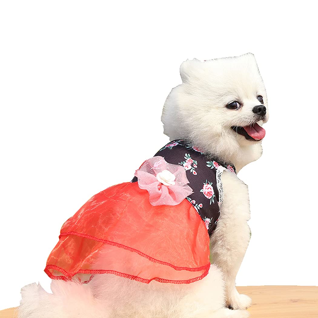 Abcsea 1 Piece Floral Pet Dress, Dog Dress, Dog Dresses for Small Dogs, Cat Dress, Dog Dress for Girl, Red, L