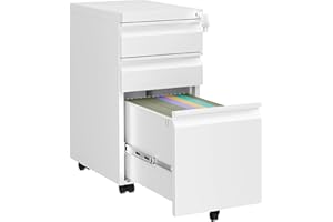 HOMSTEEL 3 Drawers Slim File Cabinet, Metal Filing Cabinet with Lock, Mobile File Cabinet, Fully Assembled Except Casters, for Home Office, for A4, Letter, Legal File Folders, White