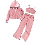 fioukiay Girls Sweatsuits Set Velour Tracksuit 3 Piece Outfits Zip Up Hoodies Camisole and Flare Pants Athletic Jogging Set