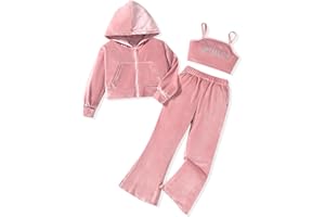 fioukiay Girls Sweatsuits Set Velour Tracksuit 3 Piece Outfits Zip Up Hoodies Camisole and Flare Pants Athletic Jogging Set