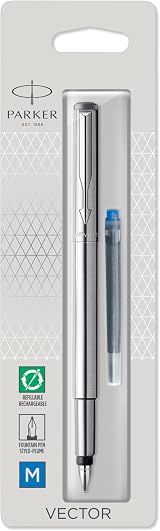 Parker Vector Fountain Pen Stainless Steel Chrome Trim Medium Nib Blue Ink