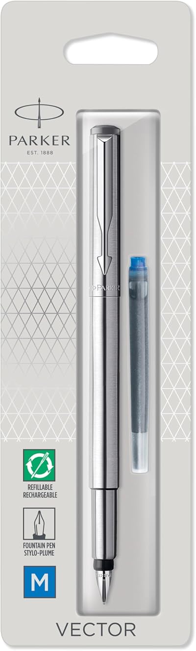 Parker Vector Fountain Pen Stainless Steel Chrome Trim Medium Nib Blue Ink
