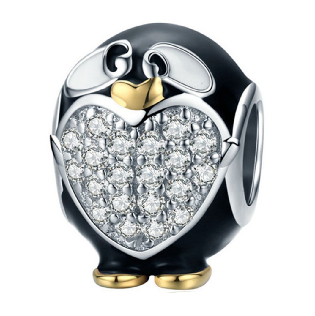 Adorable Penguin Genuine 100% 925 Sterling Silver Clear CZ Charm Beads fit Women Bracelet DIY Jewelry Making SCC463