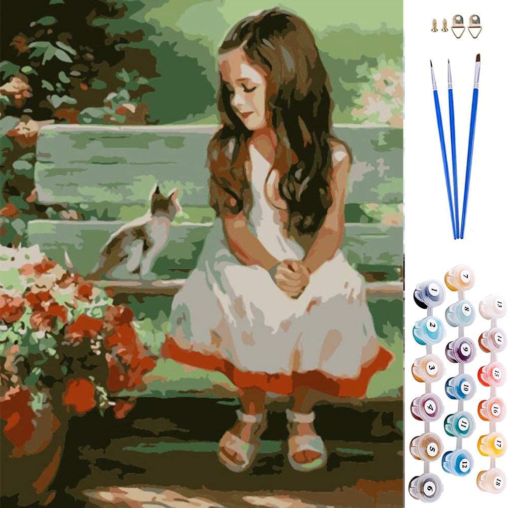 ABEUTY DIY Paint by Numbers for Adults Beginner - Girl and Cat 16x20 inches Number Painting (No Frame)