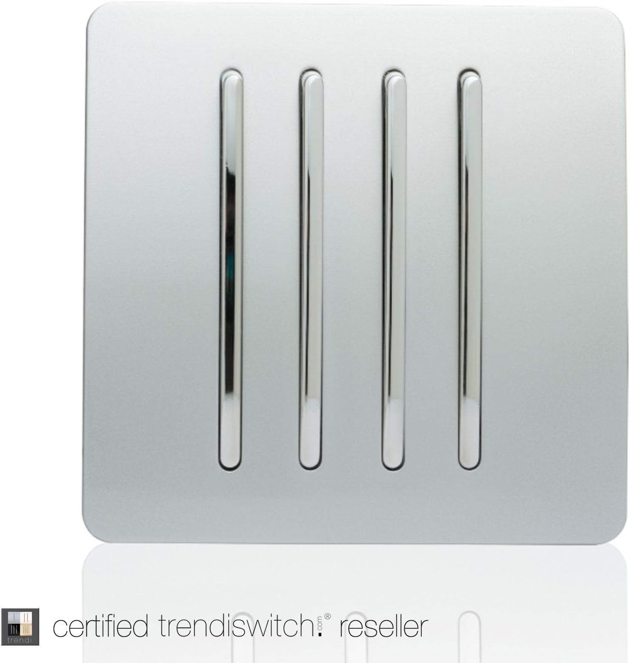 Trendi 4 Gang 2 way 240V Screwless Raised Front Plate Plastic Artistic Modern Glossy 10 Amp Chrome Rocker Quad Electrical Wall Light Switch Platinum Silver