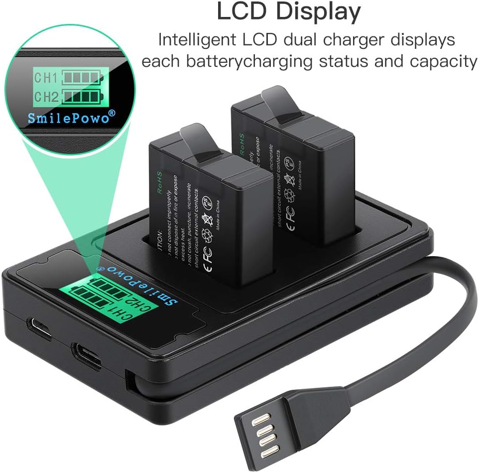 SmilePowo 2PCS Dual Battery, LCD Display USB Charger for GoPro Hero 8 Black，Hero 7 Black, Hero 6 Black, Hero 5 Black, Hero 2018, AHDBT-501, Gopro Accessories，GOPRO Batteries : Electronics
