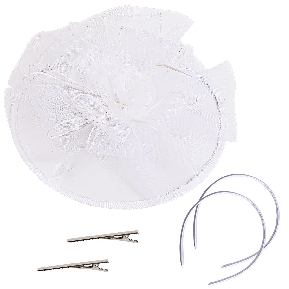 1 Piece Fascinator White Hat Hair Clip Mesh Net Feather Headband, Cocktail Tea Party Wedding Headwear for Women Girls (White)