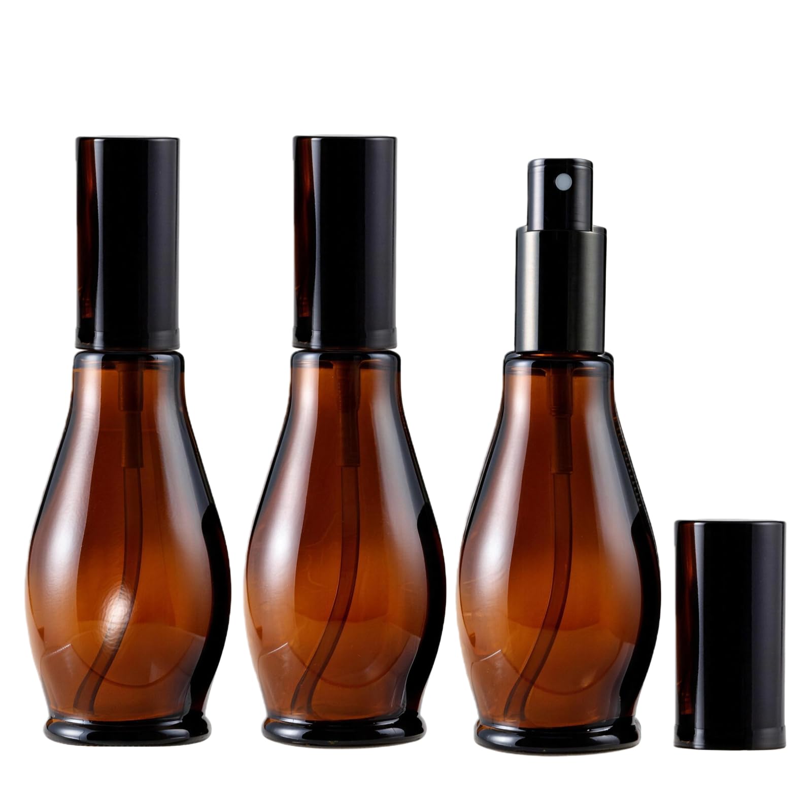 Happyupcity 3PCS 100ML/3.4oz Cucurbit Shaped Empty Amber Glass Fine Mist Spray Bottle Vial Jars with Black Cap Cosmetic Makeup Water Holder Container Dispenser for Toner Perfume