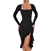 BORIFLORS Women's Sexy Ruched Bodycon Midi Dresses Elegant Mesh Long Sleeve Square Neck Ruffle Hem Cocktail Party Dress