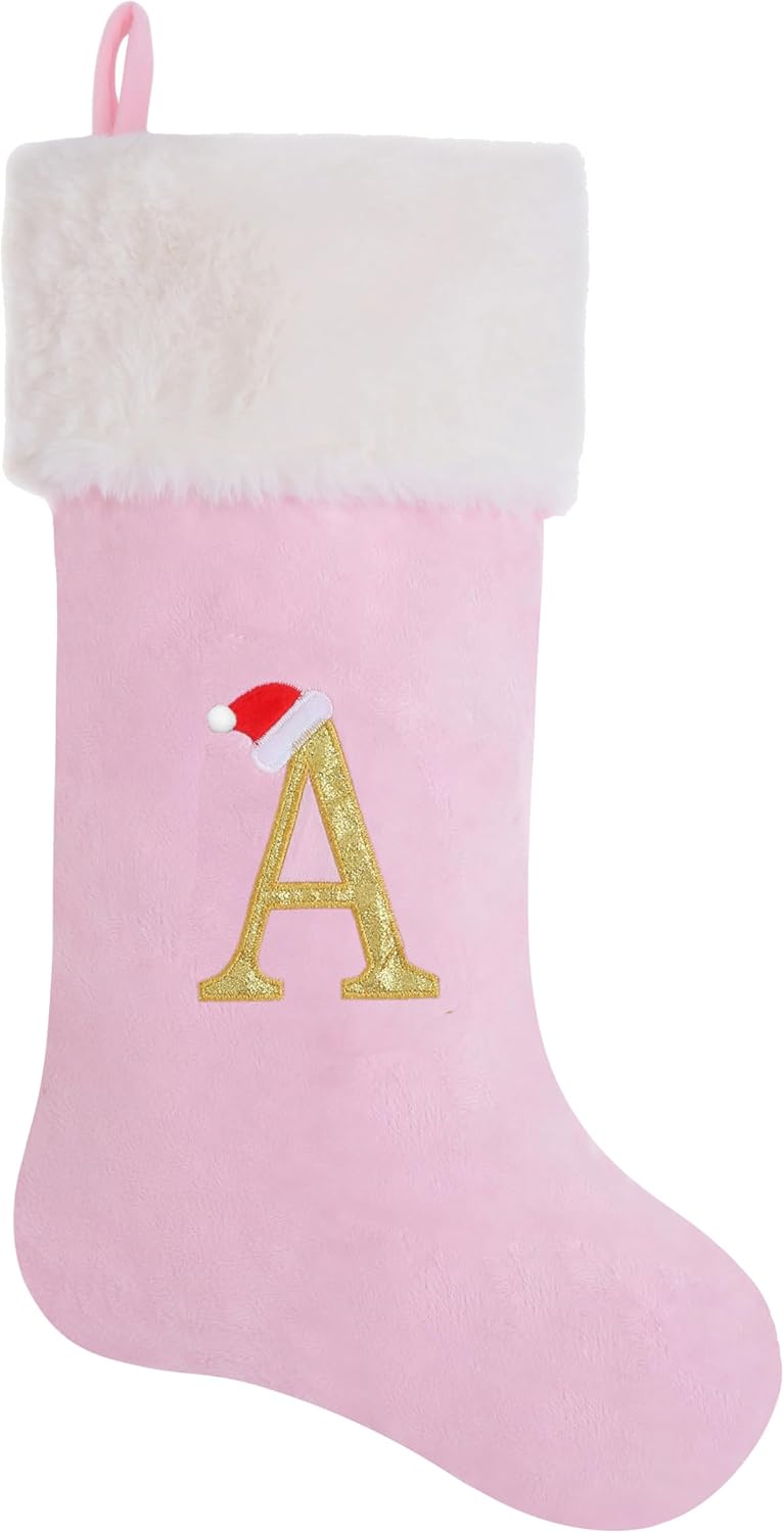 Stockings & Holders - AUAWMLK 20-Inch Letter Embroidered Christmas Stocking Thick and Luxurious Pink Velvet with Super Soft Plush Cuff Personalized Festival Decoration for Xmas and New Year Party(Letter A)