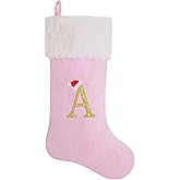 AUAWMLK 20-Inch Letter Embroidered Christmas Stocking Thick and Luxurious Pink Velvet with Super Soft Plush Cuff Personalized Festival Decoration for Xmas and New Year Party(Letter A)