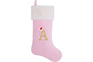 AUAWMLK 20-Inch Letter Embroidered Christmas Stocking Thick and Luxurious Pink Velvet with Super Soft Plush Cuff Personalized Festival Decoration for Xmas and New Year Party(Letter A)
