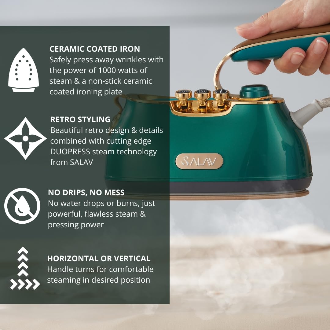 SALAV® Retro Edition Duopress Handheld Garment Steamer & Iron, Ceramic Plate, 1000W, No Drip Steam, Vertical & Horizontal Steam, Emerald - Removes Wrinkles & Refreshes Clothes, Vintage Style