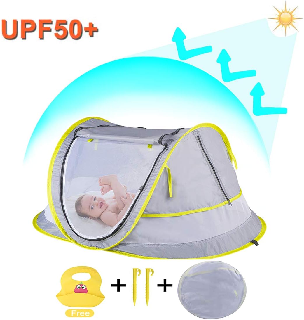 Baby Beach Tent,Portable Pop Up Tent with Baby Bib,UPF 50+ Sun Shelters for Infant,Travel Bed Mosquito Net Sunshade with 2 Pegs,Lightweight Travel Baby Crib Bed for Infant Kids Home and Outside