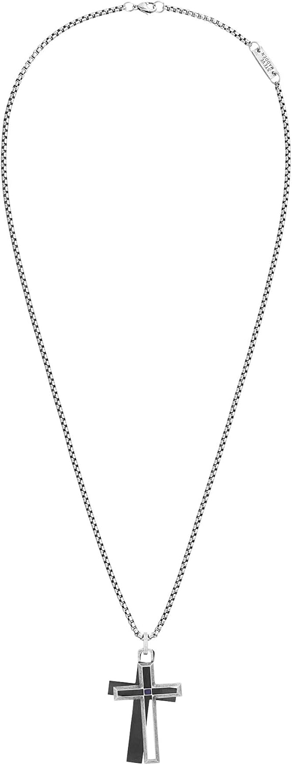 Steve Madden Men's Black and Blue Simulated Lapis Double Cross Necklace on 26" Box Chain in Stainless Steel, Black/Silver-Tone, 26 | 